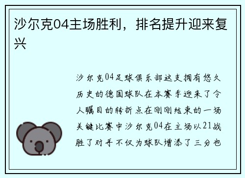 沙尔克04主场胜利，排名提升迎来复兴